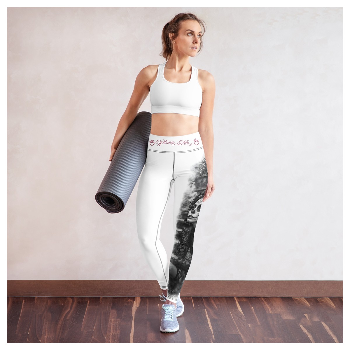 Witness Her Sugar Skull Leggings — Stairs (Black) — White / Mauve Rose