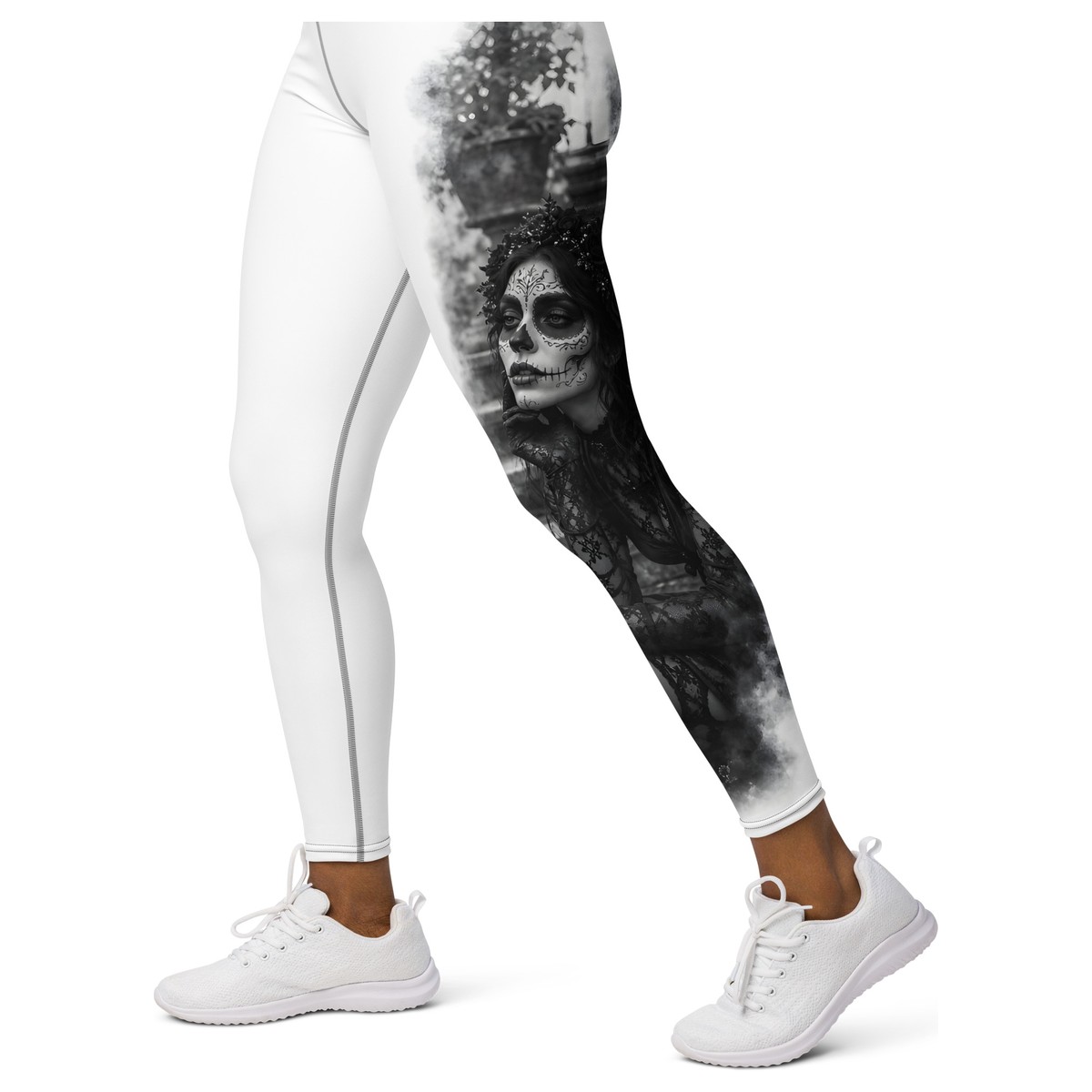 Witness Her Sugar Skull Leggings — Stairs (Black) — White / Mauve Rose