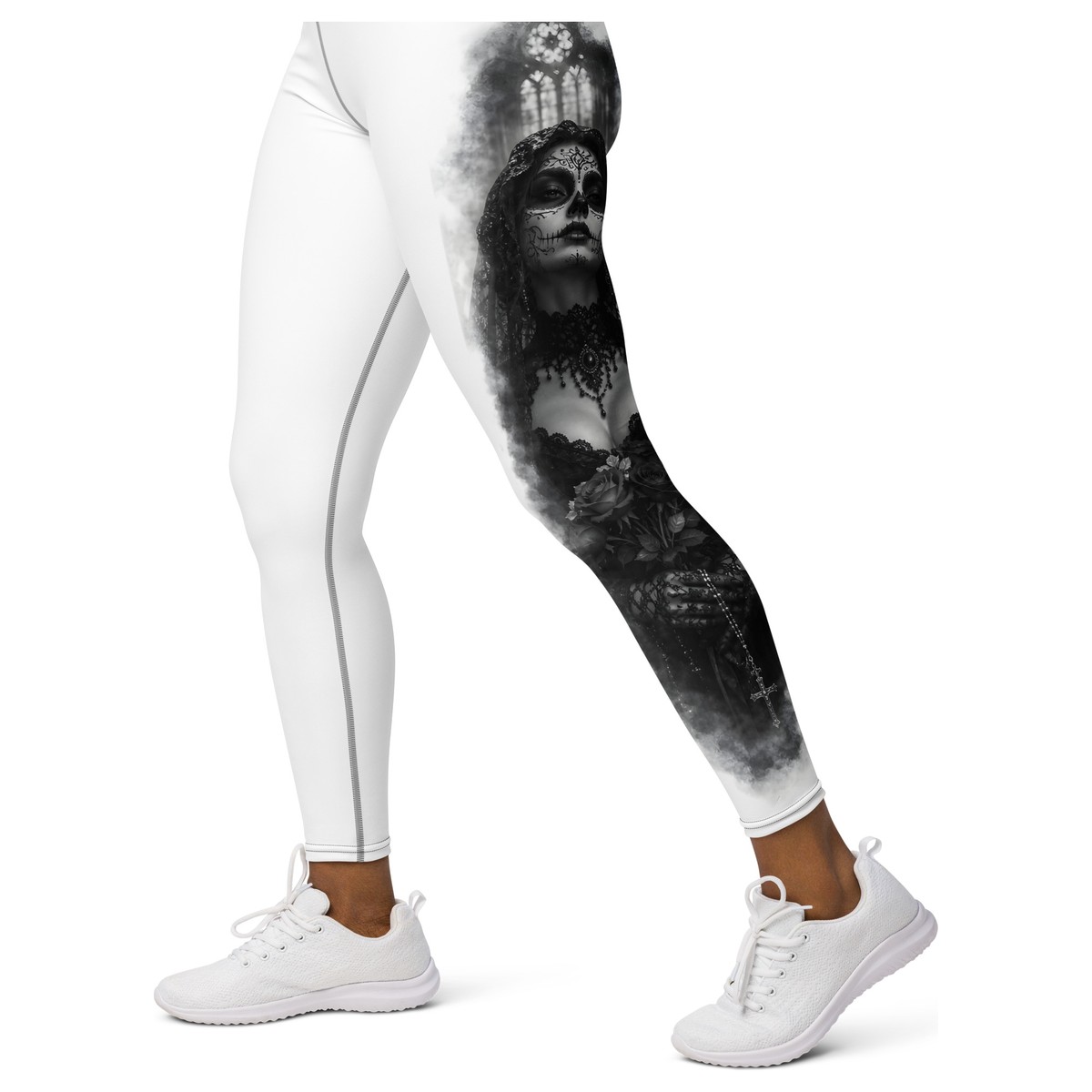 Witness Her Sugar Skull Leggings — Veil (Black) — White / Teal