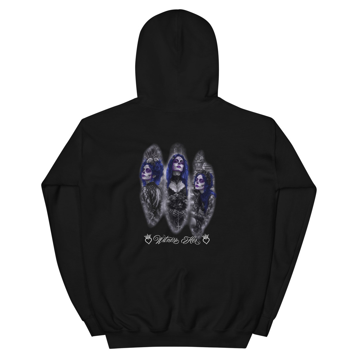 Witness Her — Three Women Sugar Skull Hoodie (Black) — Black / Blue Hair