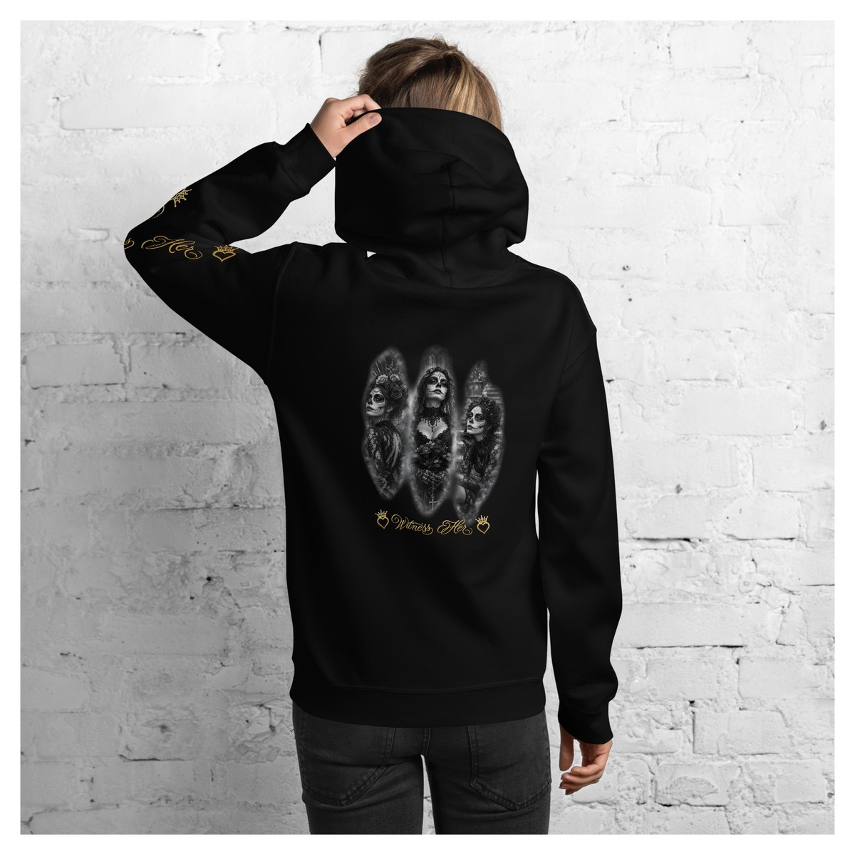 Witness Her — Three Women Sugar Skull Hoodie (Black) — Black / Gold