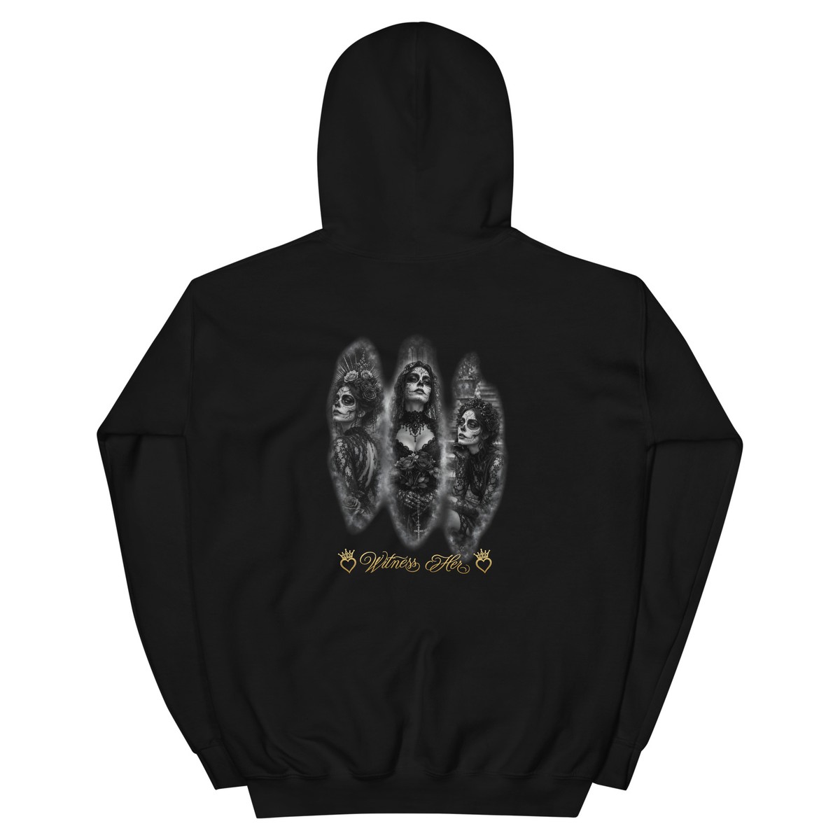 Witness Her — Three Women Sugar Skull Hoodie (Black) — Black / Gold