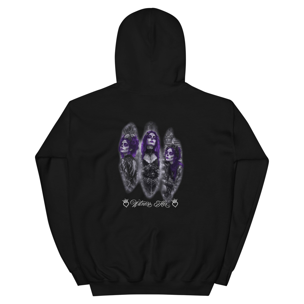 Witness Her — Three Women Sugar Skull Hoodie (Black) — Black / Purple Hair