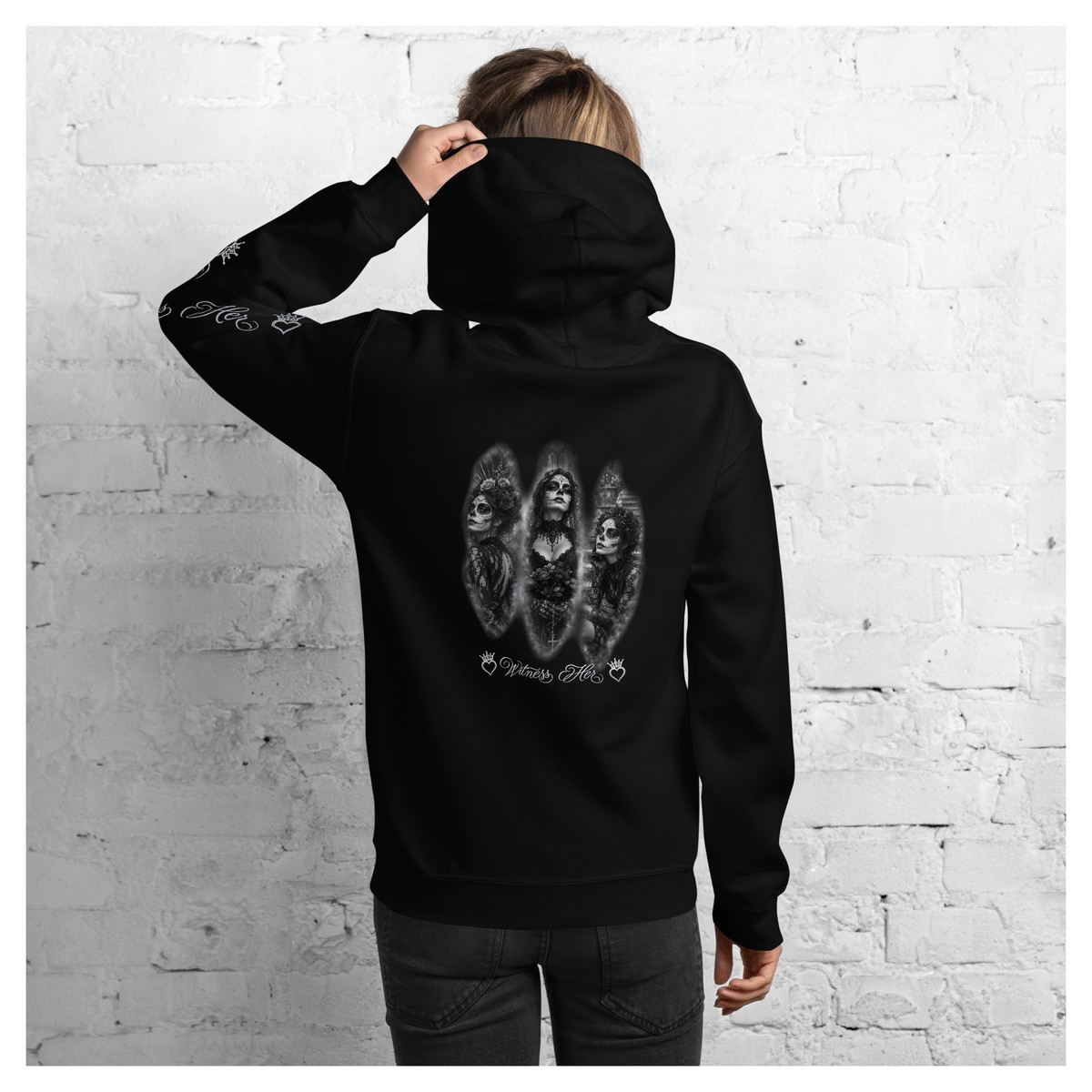 Witness Her — Three Women Sugar Skull Hoodie (Black) — Black / Silver