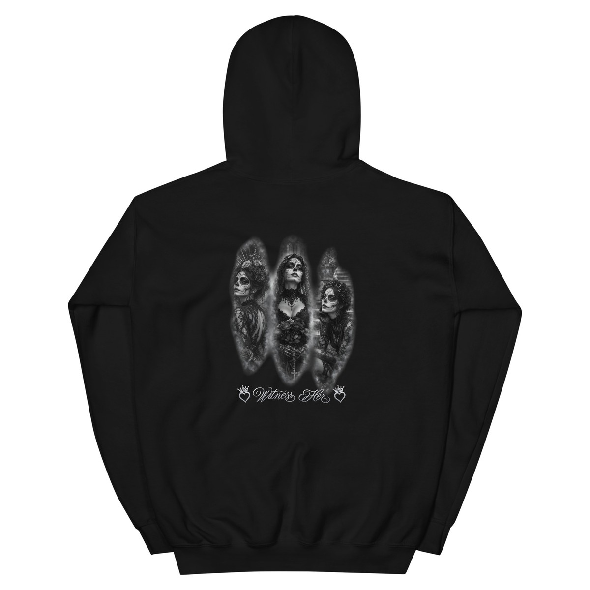 Witness Her — Three Women Sugar Skull Hoodie (Black) — Black / Silver
