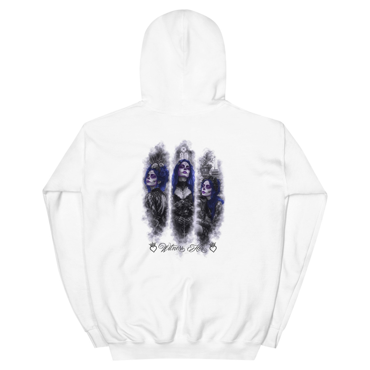 Witness Her — Three Women Sugar Skull Hoodie (Black) — White / Blue Hair