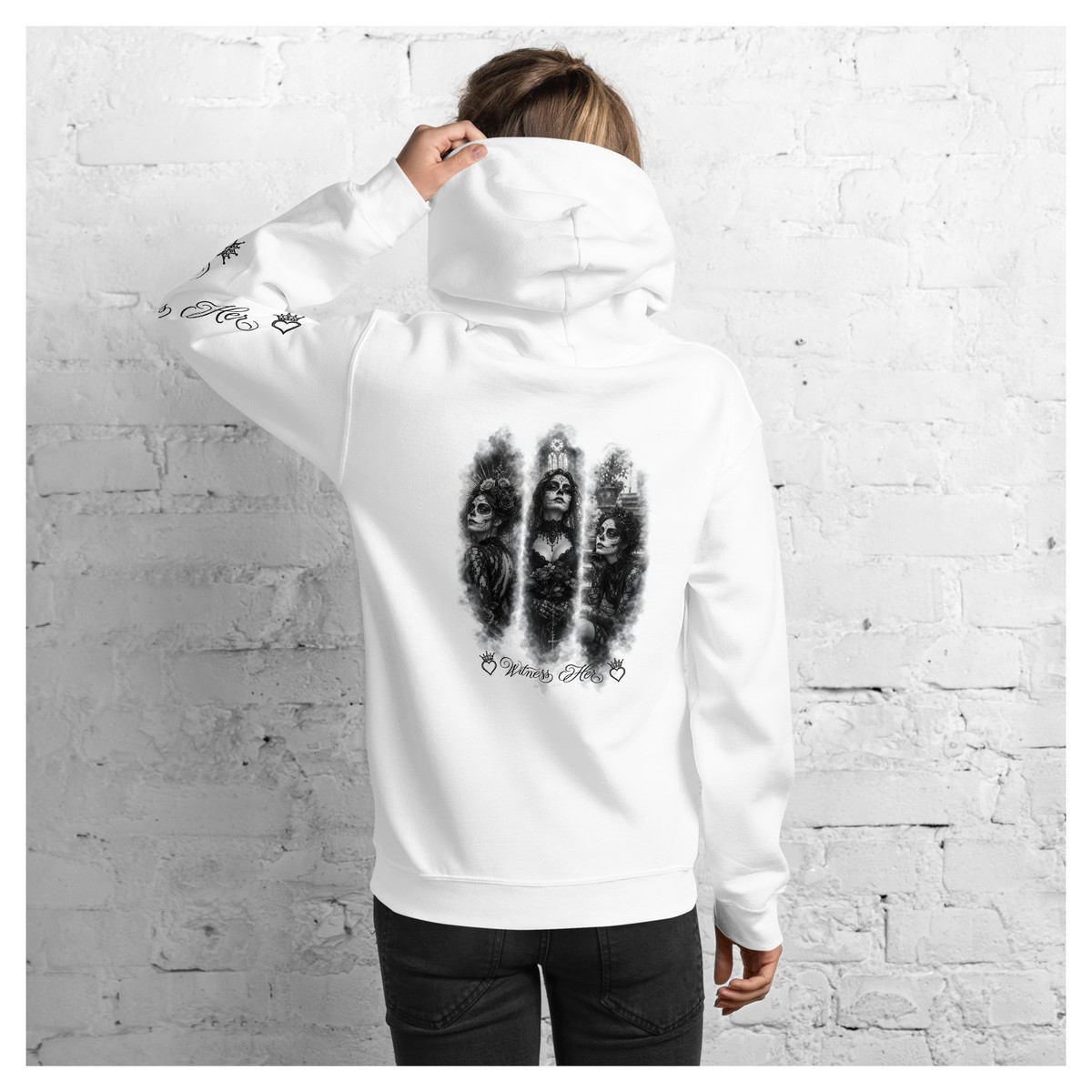 Witness Her — Three Women Sugar Skull Hoodie (Black) — White / Plain Black & White