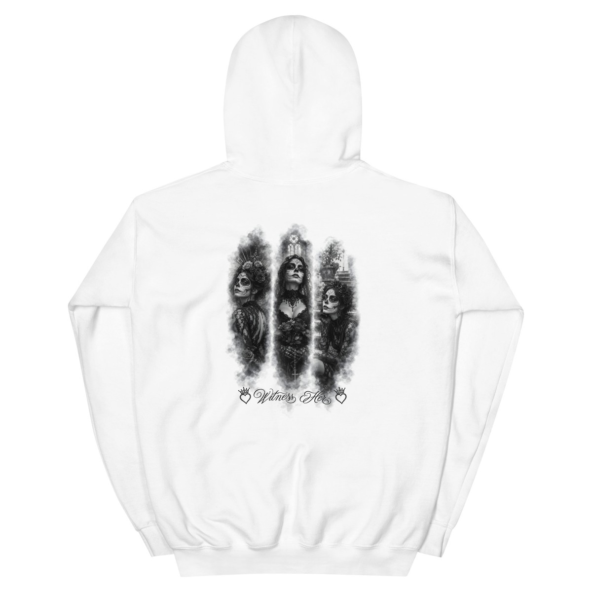 Witness Her — Three Women Sugar Skull Hoodie (Black) — White / Plain Black & White