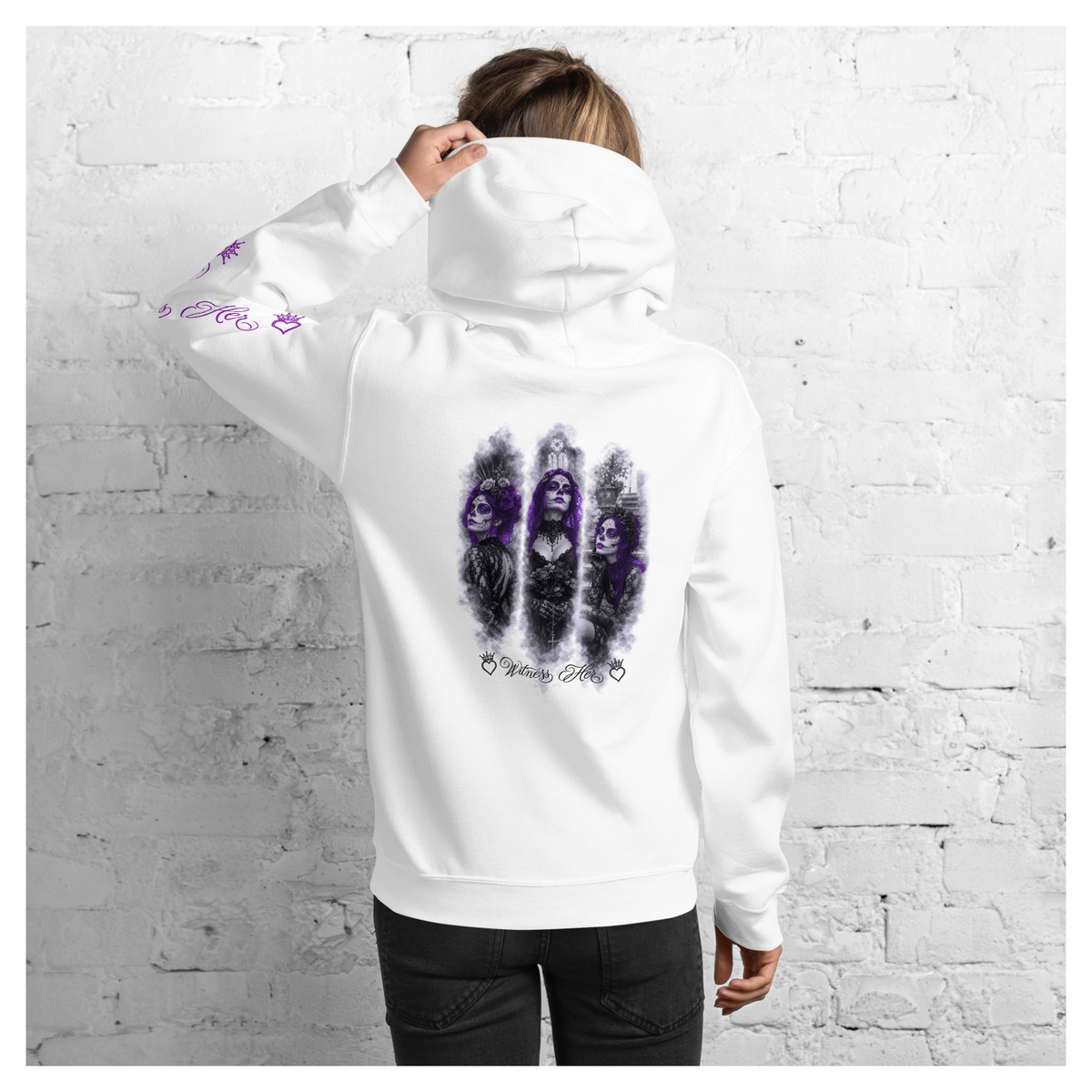 Witness Her — Three Women Sugar Skull Hoodie (Black) — White / Purple Hair