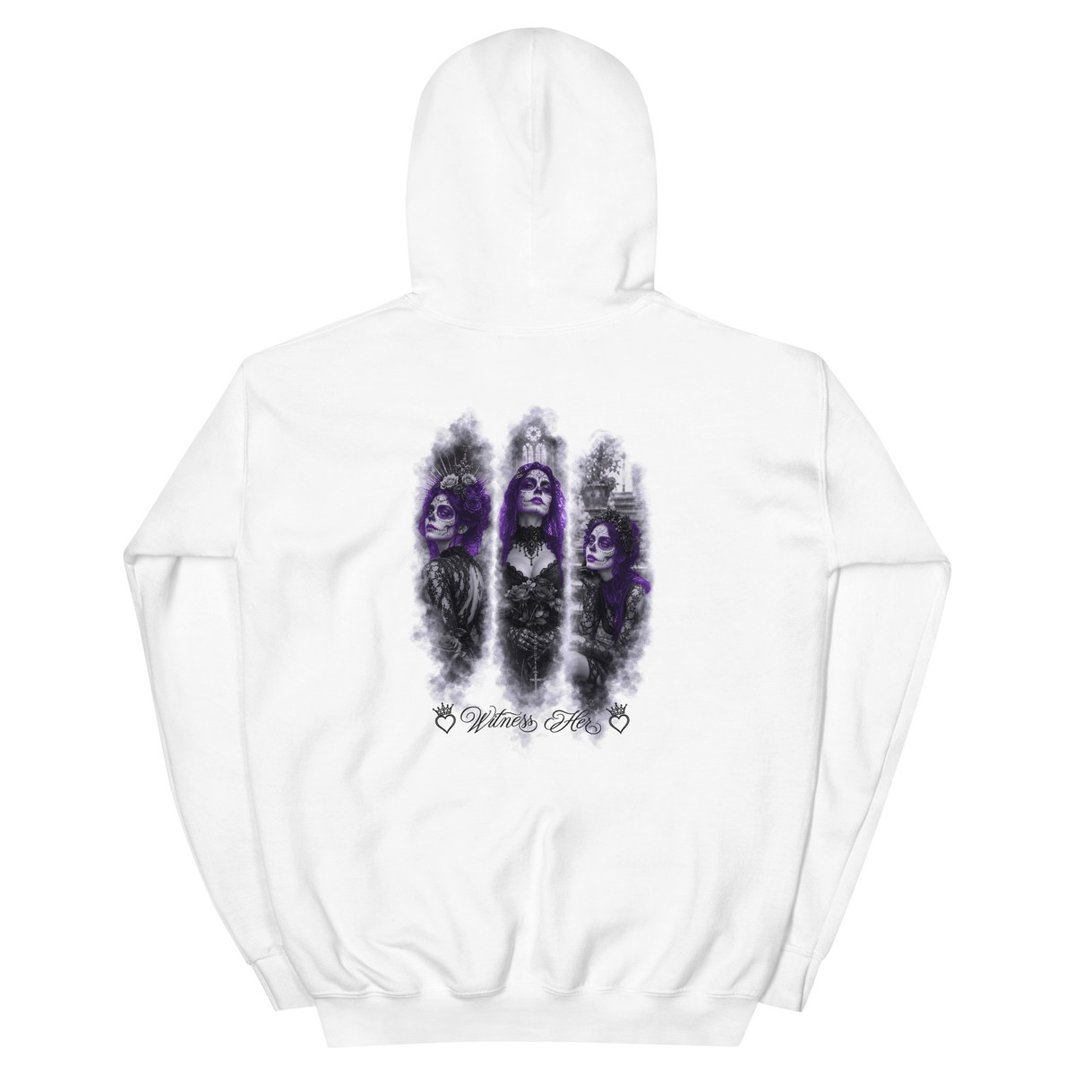 Witness Her — Three Women Sugar Skull Hoodie (Black) — White / Purple Hair